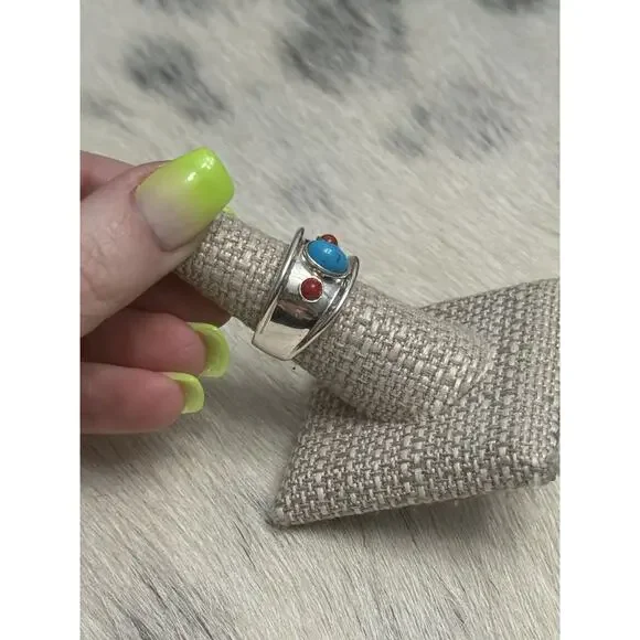 Joseph Esposito ESPO SIG 925 Sterling Silver Turquoise & Coral Wide Band Ring 7